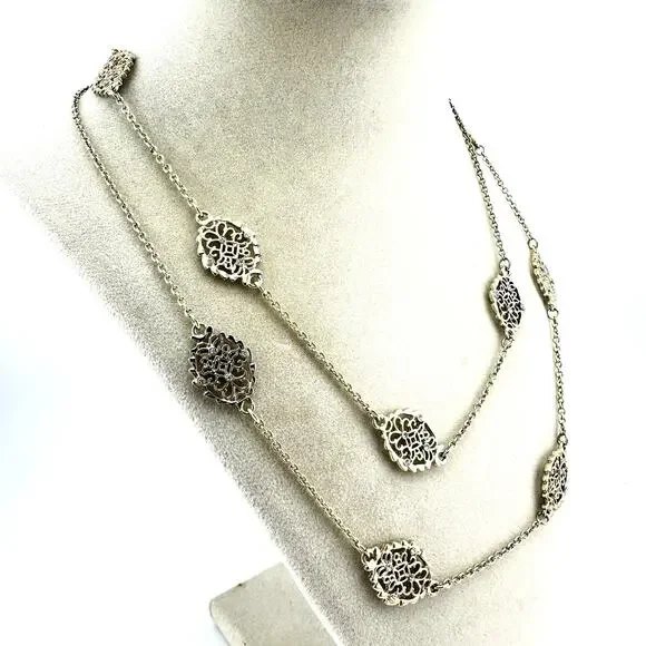 Ann Taylor Filigree Panel Crystal Accented Extra Long Gold Tone 40" Necklace - Picture 2 of 6